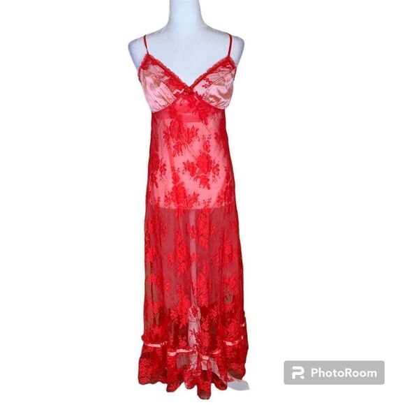 Vintage Claire Pettibone Red & Pink Satin Lace Nightgown Medium